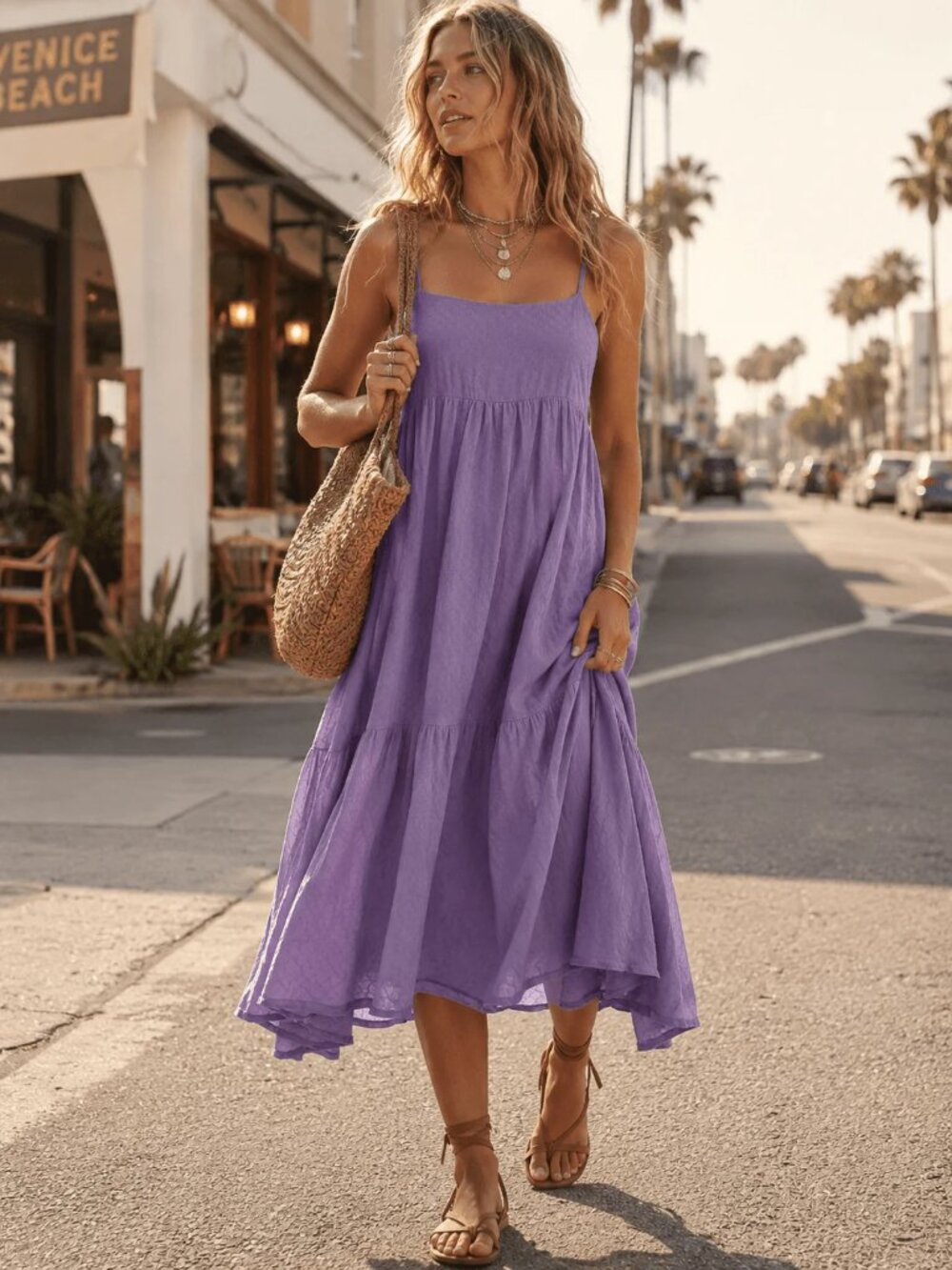 B55 WOMEN'S SLEEVELESS TIERED LOOSE FIT MIDI DRESS